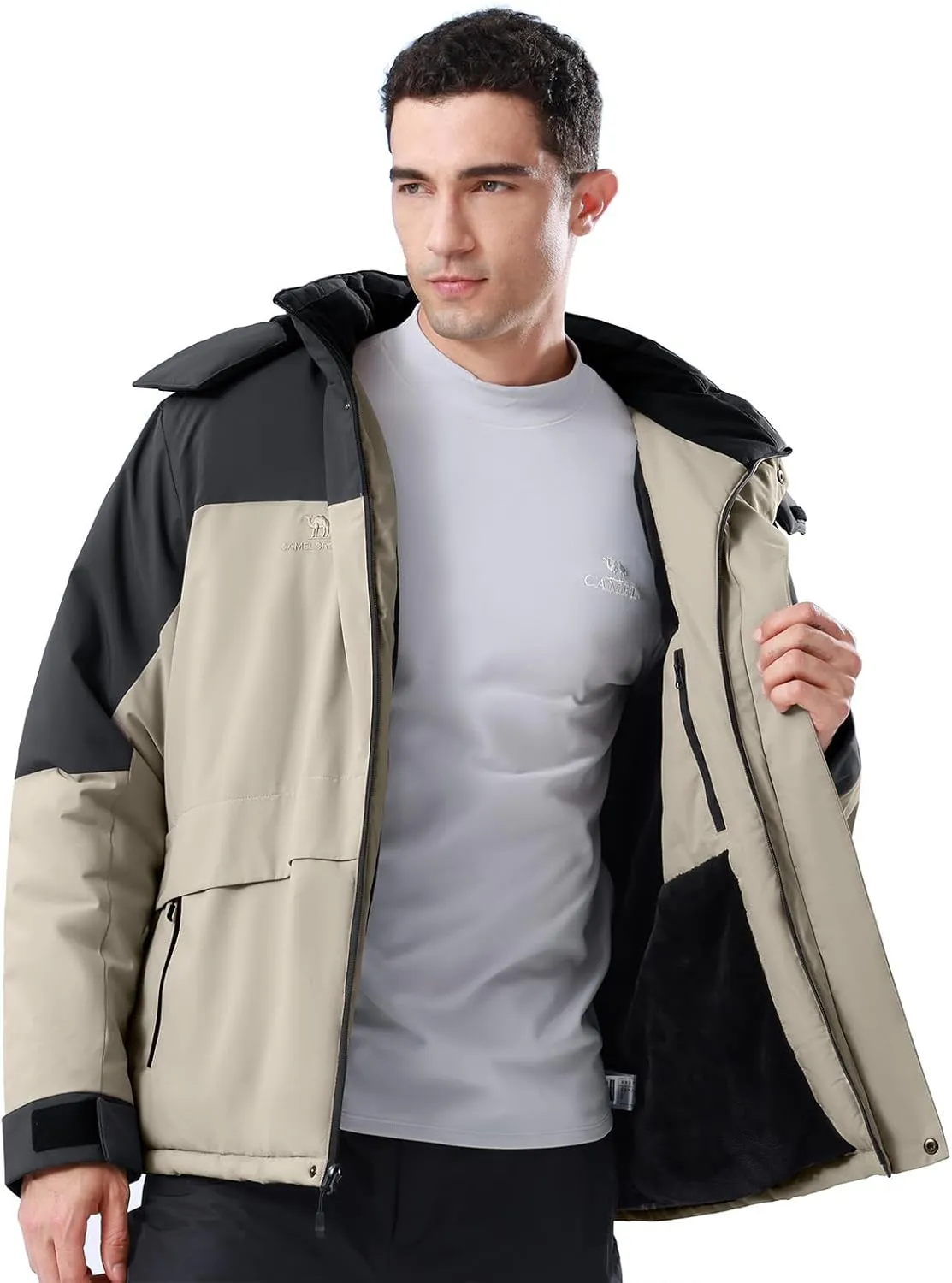 CAMEL CROWN Men's Winter Ski Jacket Mountain Snow Coats Waterproof Detachable Hood Windproof Fleece Rain Jackets