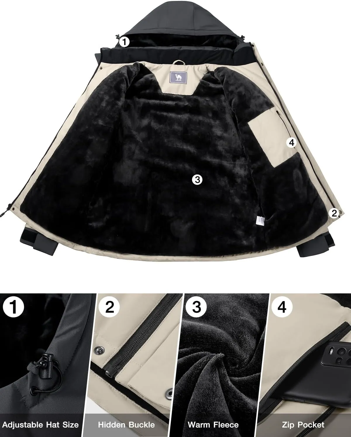 CAMEL CROWN Men's Winter Ski Jacket Mountain Snow Coats Waterproof Detachable Hood Windproof Fleece Rain Jackets