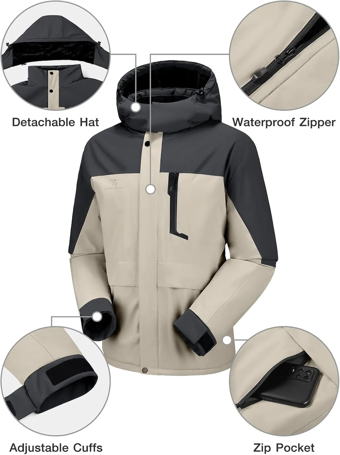 CAMEL CROWN Men's Winter Ski Jacket Mountain Snow Coats Waterproof Detachable Hood Windproof Fleece Rain Jackets