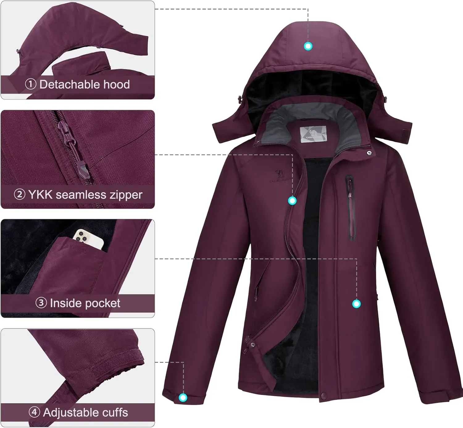 CAMEL CROWN Women's Warm Winter Ski Jackets Waterproof Snow Coat with Hood Mountain Windproof Rain Jacket