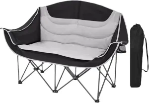 Camping Chair Foldable Oversized Double Recliner with Cup Holder and Storage Bags for Outdoor Picnic Fishing-Black