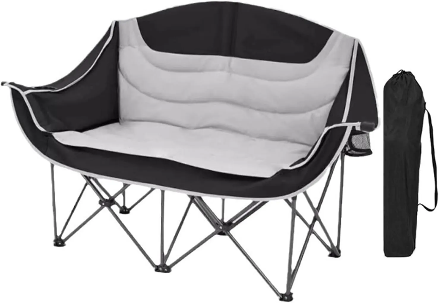 Camping Chair Foldable Oversized Double Recliner with Cup Holder and Storage Bags for Outdoor Picnic Fishing-Black