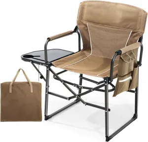 Camping Chair Folding Foldable Outdoor Chairs with Side Table for Lawn Fishing Heavy Duty Supports 265lbs-Khaki