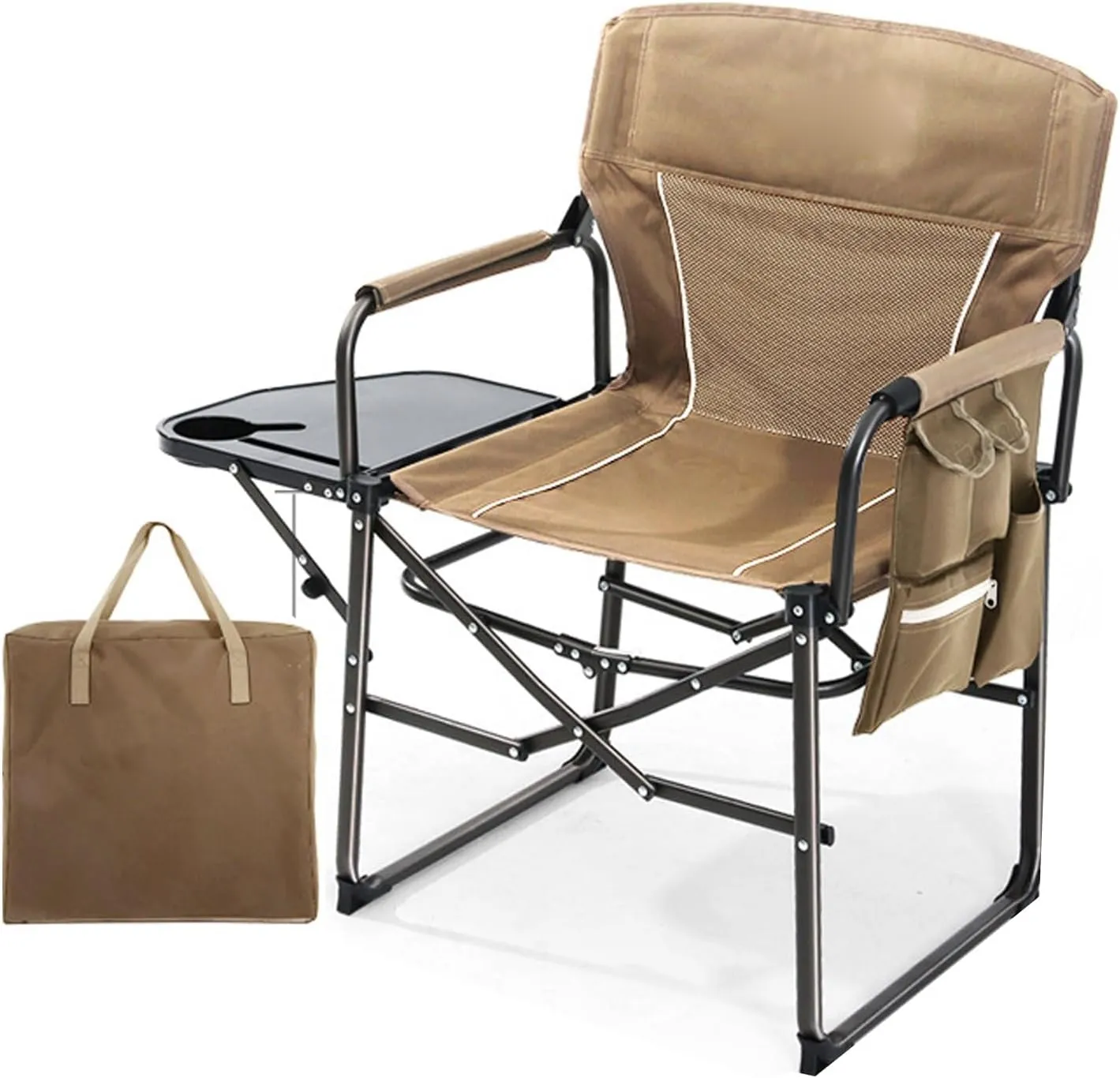 Camping Chair Folding Foldable Outdoor Chairs with Side Table for Lawn Fishing Heavy Duty Supports 265lbs-Khaki