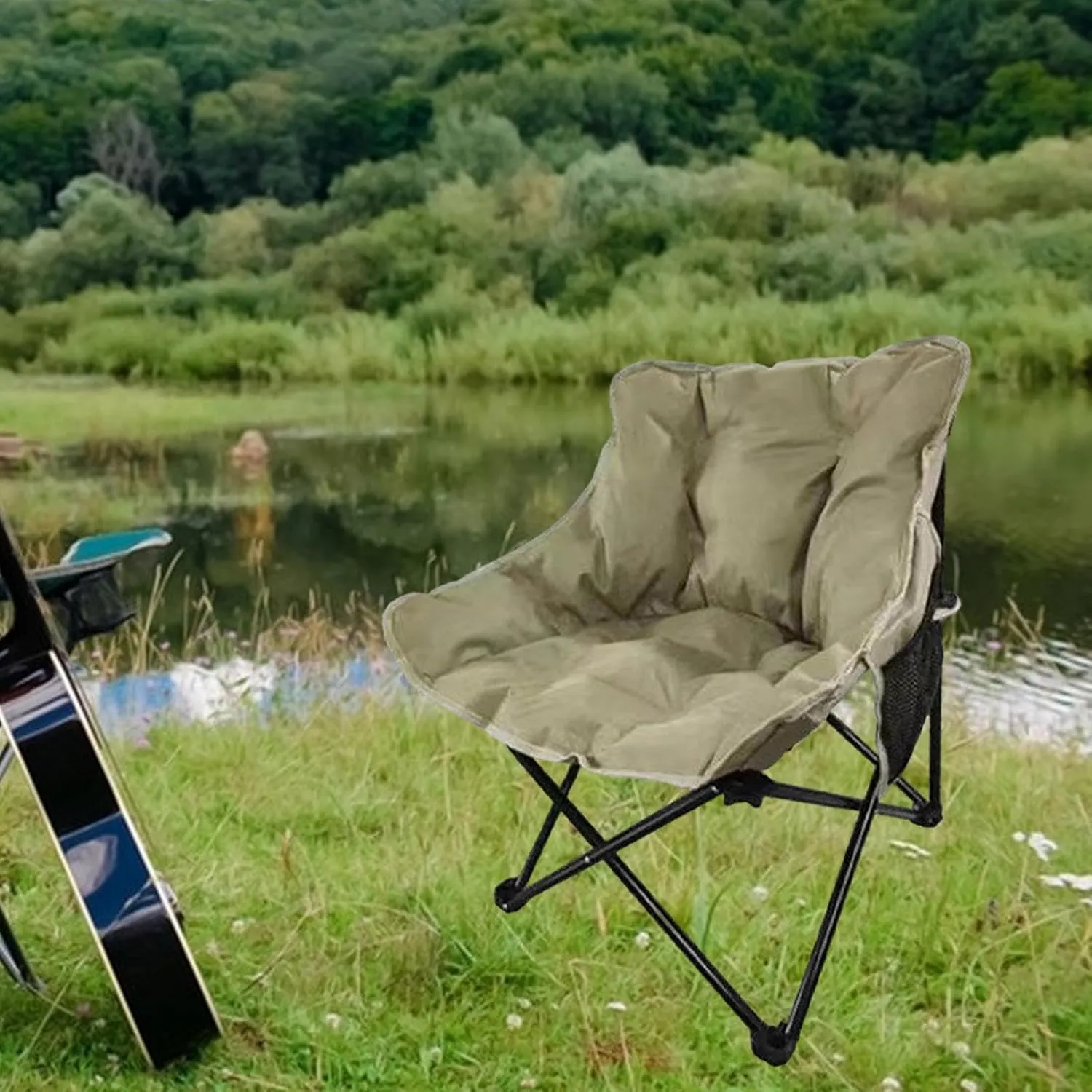 Camping Chair Moon Chair Heavy Duty Sofa Chair Portable Fishing Lounge Chair Foldable Seat for Adults Hiking Outdoor Sports, Khaki