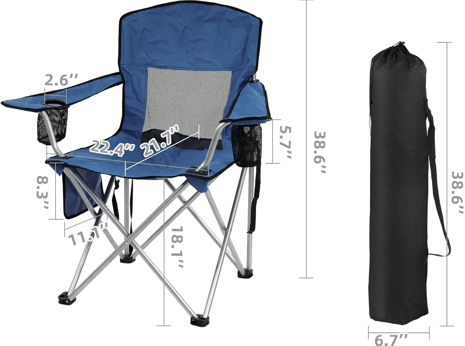 Camping Chair, Portable Folding Outdoor Chair with Armrests, Cup Holder and Carrying Bag, Foldable Chair for Camping, Beach and More
