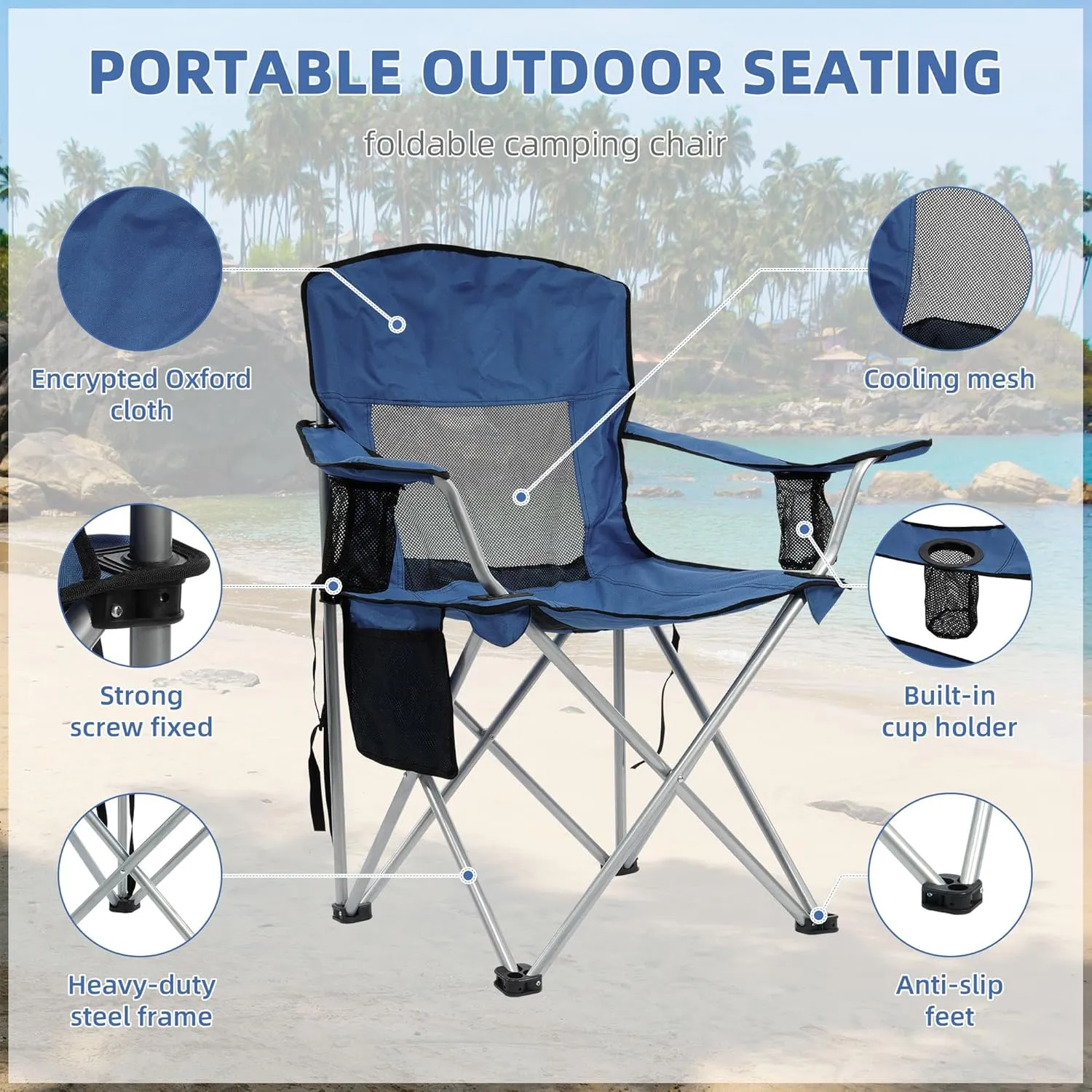 Camping Chair, Portable Folding Outdoor Chair with Armrests, Cup Holder and Carrying Bag, Foldable Chair for Camping, Beach and More