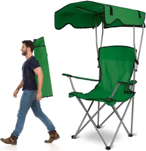 Camping Chair with Canopy, Outdoor Folding Lounge Chair with Adjustable UPF 50  Sun Shade & Cup Holder, Portable Camping Recliner for Camp Beach Outdoor Sports, 350LB Max Support