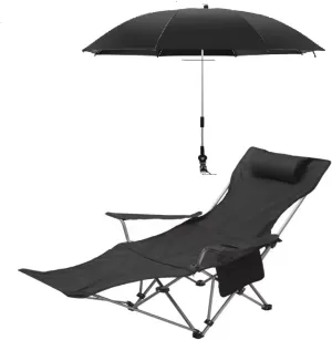 Camping Chair with Umbrella Reclining Chair with Foot Rest with Universal Clamp UPF 50  360 Degree Adjustable Umbrella Portable Lightweight Foldable for Outdoor(Black)