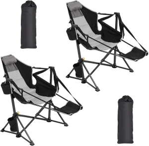 Camping Chairs 2 Pack, Portable Outdoor Folding Camping Chairs Swinging Hammock Chair Adjustable Back Rocking Camping Chair with Footrest, Headrest, Cup Holder & Carry Bag
