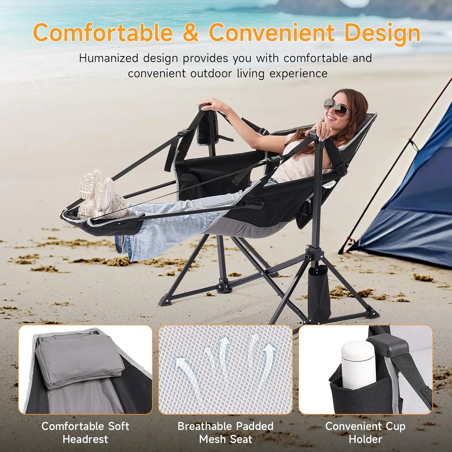Camping Chairs 2 Pack, Portable Outdoor Folding Camping Chairs Swinging Hammock Chair Adjustable Back Rocking Camping Chair with Footrest, Headrest, Cup Holder & Carry Bag