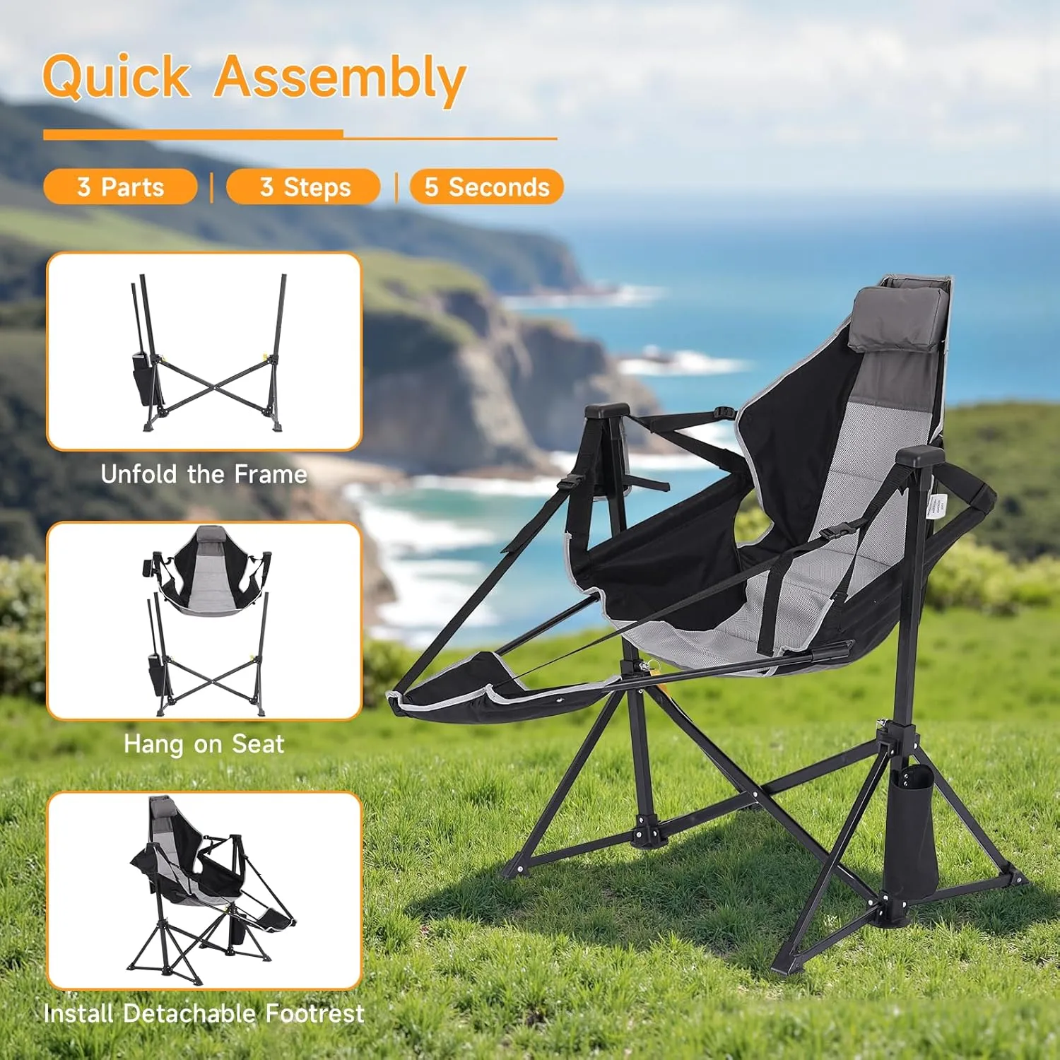 Camping Chairs 2 Pack, Portable Outdoor Folding Camping Chairs Swinging Hammock Chair Adjustable Back Rocking Camping Chair with Footrest, Headrest, Cup Holder & Carry Bag