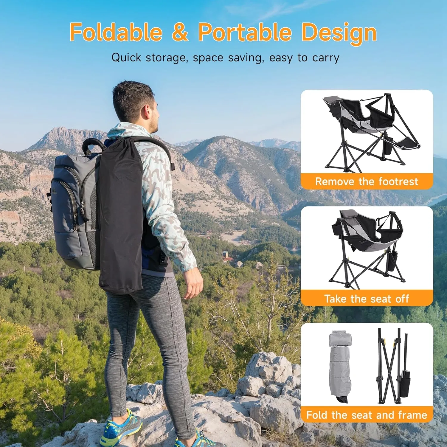 Camping Chairs 2 Pack, Portable Outdoor Folding Camping Chairs Swinging Hammock Chair Adjustable Back Rocking Camping Chair with Footrest, Headrest, Cup Holder & Carry Bag