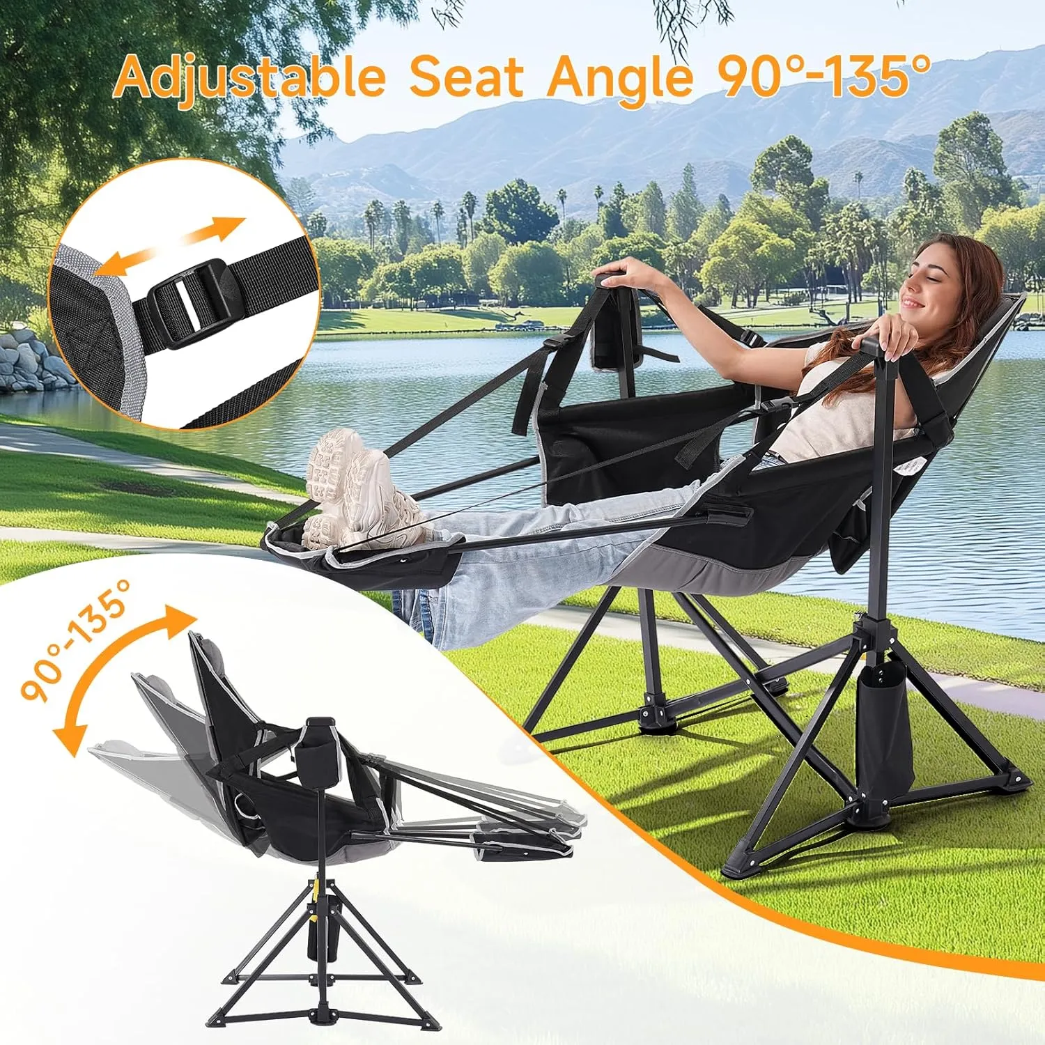 Camping Chairs 2 Pack, Portable Outdoor Folding Camping Chairs Swinging Hammock Chair Adjustable Back Rocking Camping Chair with Footrest, Headrest, Cup Holder & Carry Bag