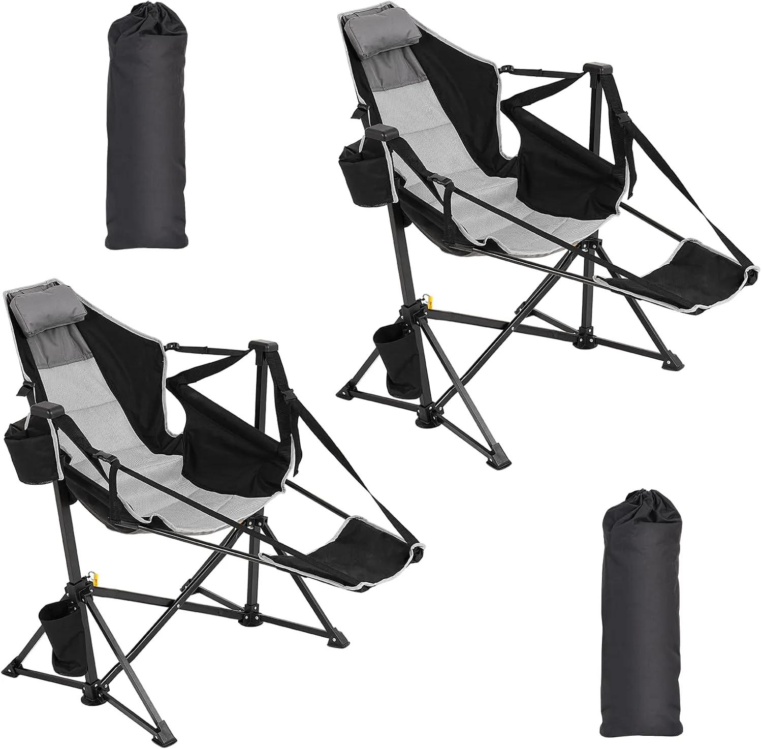 Camping Chairs 2 Pack, Portable Outdoor Folding Camping Chairs Swinging Hammock Chair Adjustable Back Rocking Camping Chair with Footrest, Headrest, Cup Holder & Carry Bag
