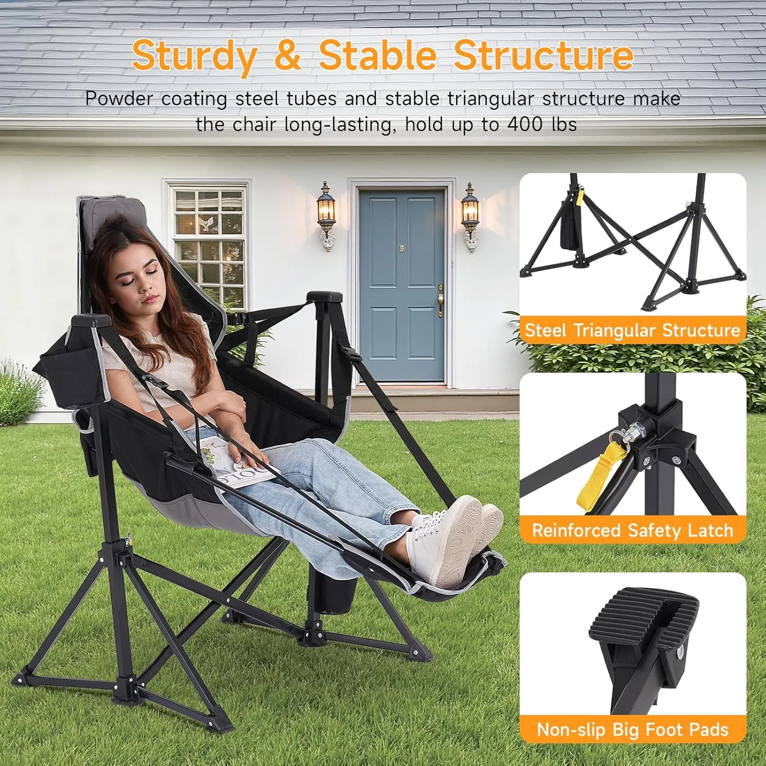 Camping Chairs 2 Pack, Portable Outdoor Folding Camping Chairs Swinging Hammock Chair Adjustable Back Rocking Camping Chair with Footrest, Headrest, Cup Holder & Carry Bag