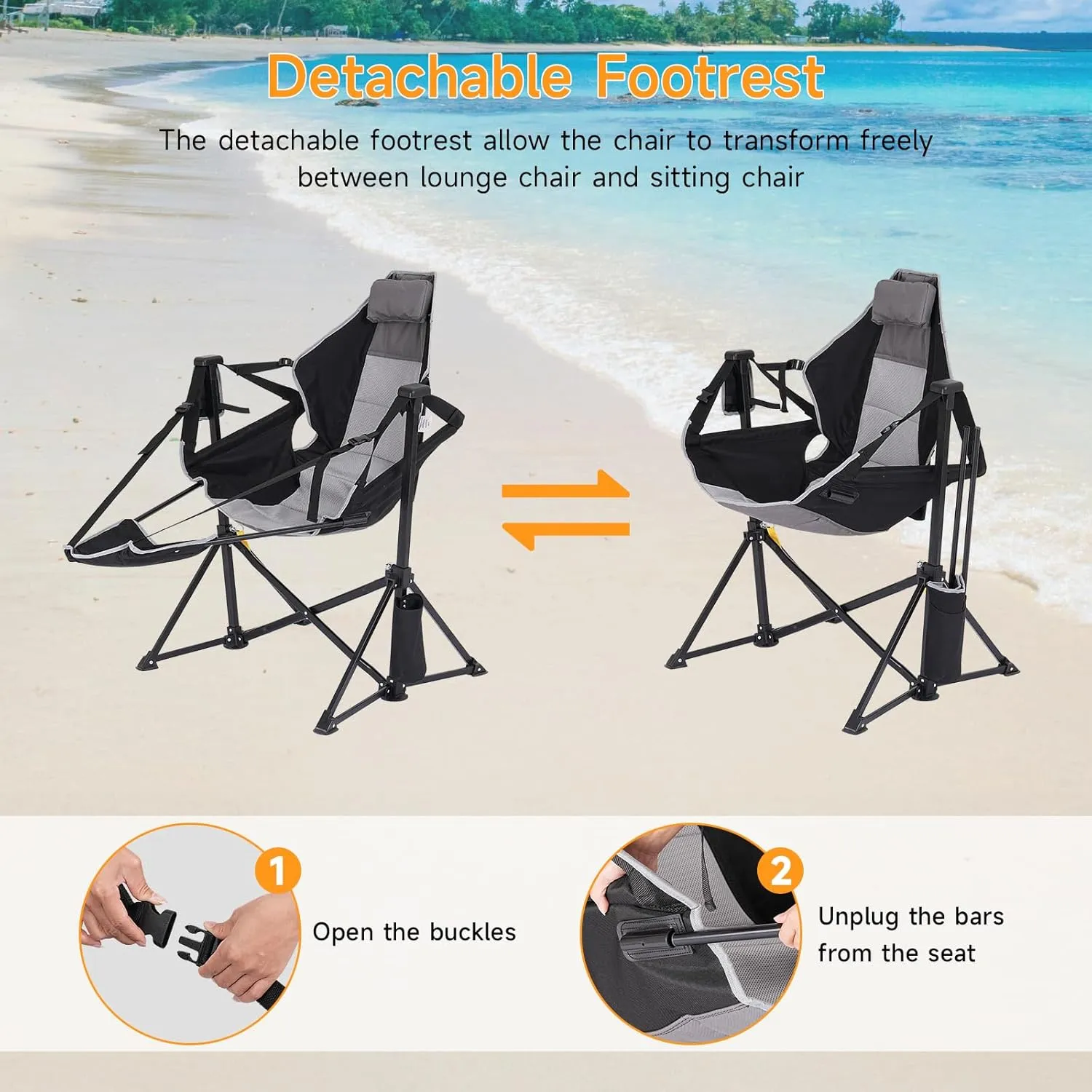 Camping Chairs 2 Pack, Portable Outdoor Folding Camping Chairs Swinging Hammock Chair Adjustable Back Rocking Camping Chair with Footrest, Headrest, Cup Holder & Carry Bag