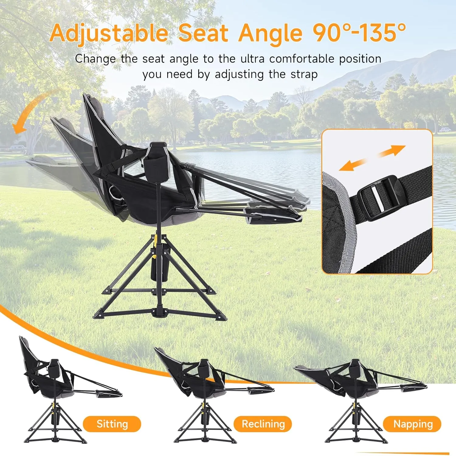 Camping Chairs 2 Pack, Portable Outdoor Folding Camping Chairs Swinging Hammock Chair Adjustable Back Rocking Camping Chair with Footrest, Headrest, Cup Holder & Carry Bag