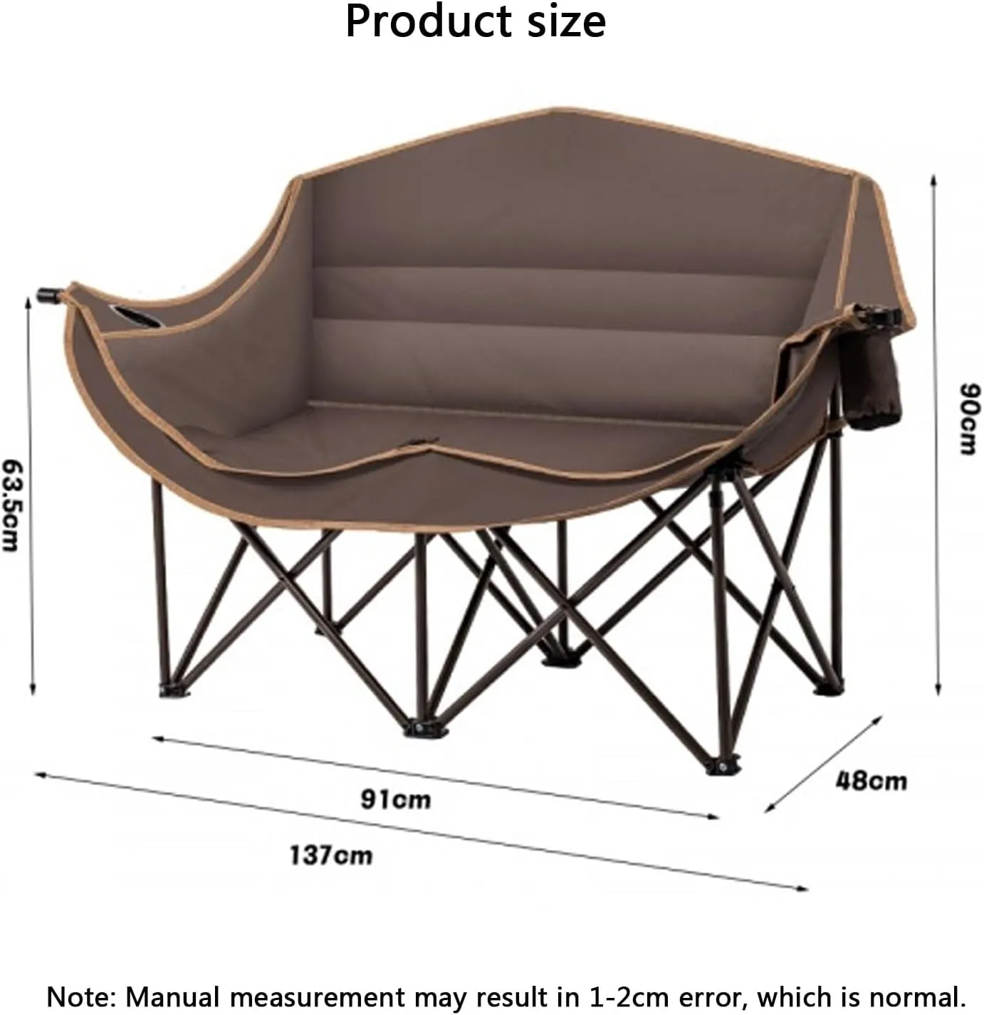 Camping Chairs Portable Folding Padded Loveseat Chair Heavy Duty Oversized Couch for Outdoor Lawn Beach with Cup Holders-Khaki