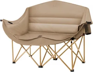 Camping Chairs Portable Folding Padded Loveseat Chair Heavy Duty Oversized Couch for Outdoor Lawn Beach with Cup Holders-Khaki