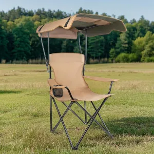 Camping Chairs with Shade, Foldable Canopy Camping Lounge Chair with Cup Holder, Chair for Outdoor, Camping,Beach,Picnics,Fishing & Sports, Support 350 LB (Khaki)