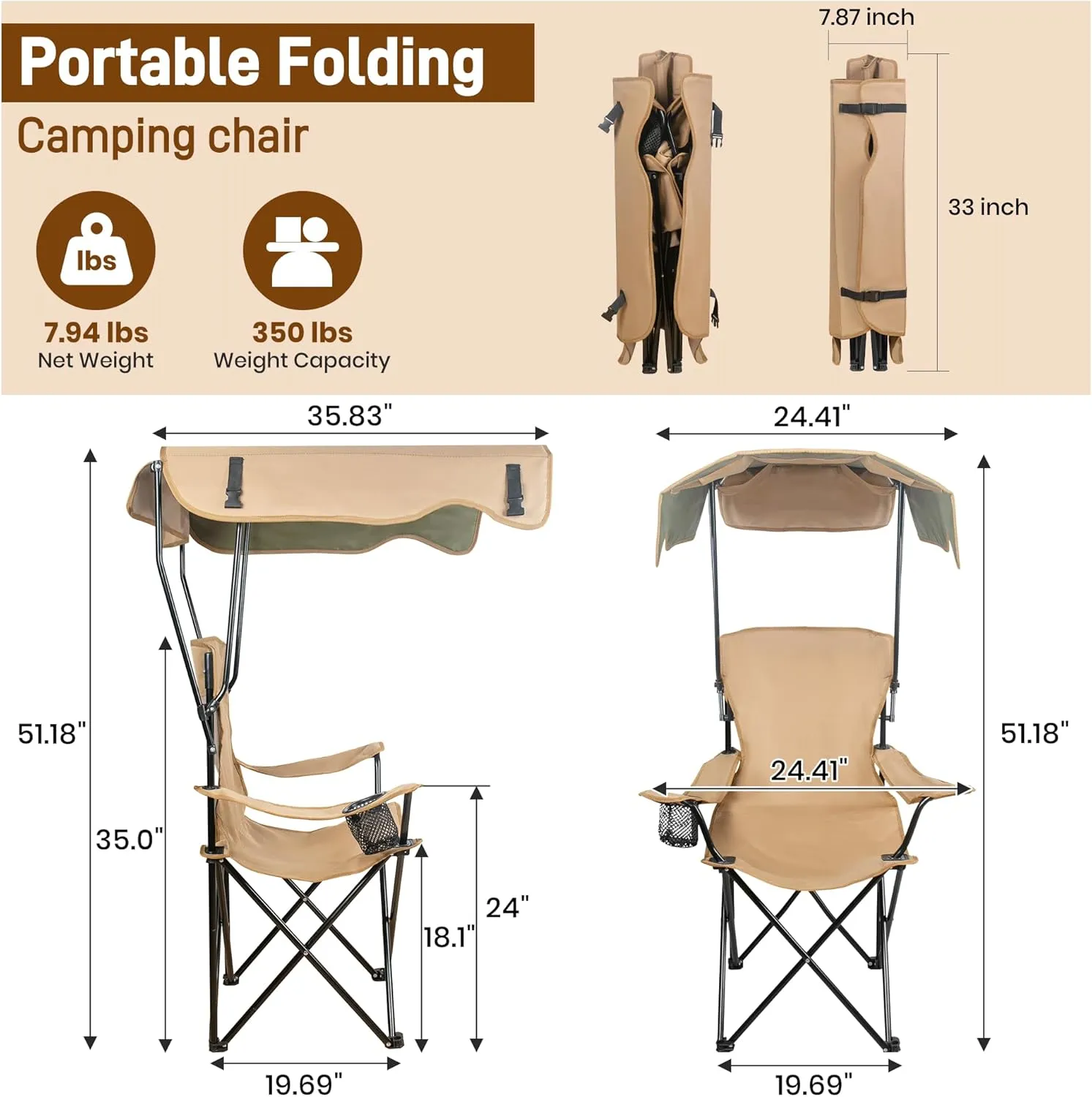 Camping Chairs with Shade, Foldable Canopy Camping Lounge Chair with Cup Holder, Chair for Outdoor, Camping,Beach,Picnics,Fishing & Sports, Support 350 LB (Khaki)