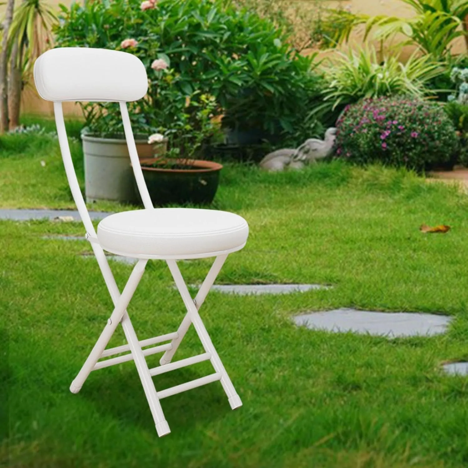 Camping Folded Chair Padded Folding Stool Portable Easy to Use Sturdy Seat with Back for Gardening Patio Outdoor Garage Cafe, White