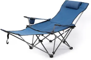 Camping Folding Chair Beach with Footrest Siesta Bed Adjustable Backrest, Portable Reclining Foldable Pillow Cup Holder for Outdoor
