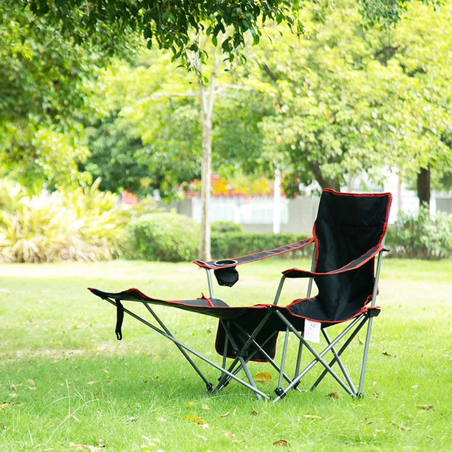 Camping Folding Chair Beach with Footrest Siesta Bed Adjustable Backrest, Portable Reclining Foldable Pillow Cup Holder for Outdoor