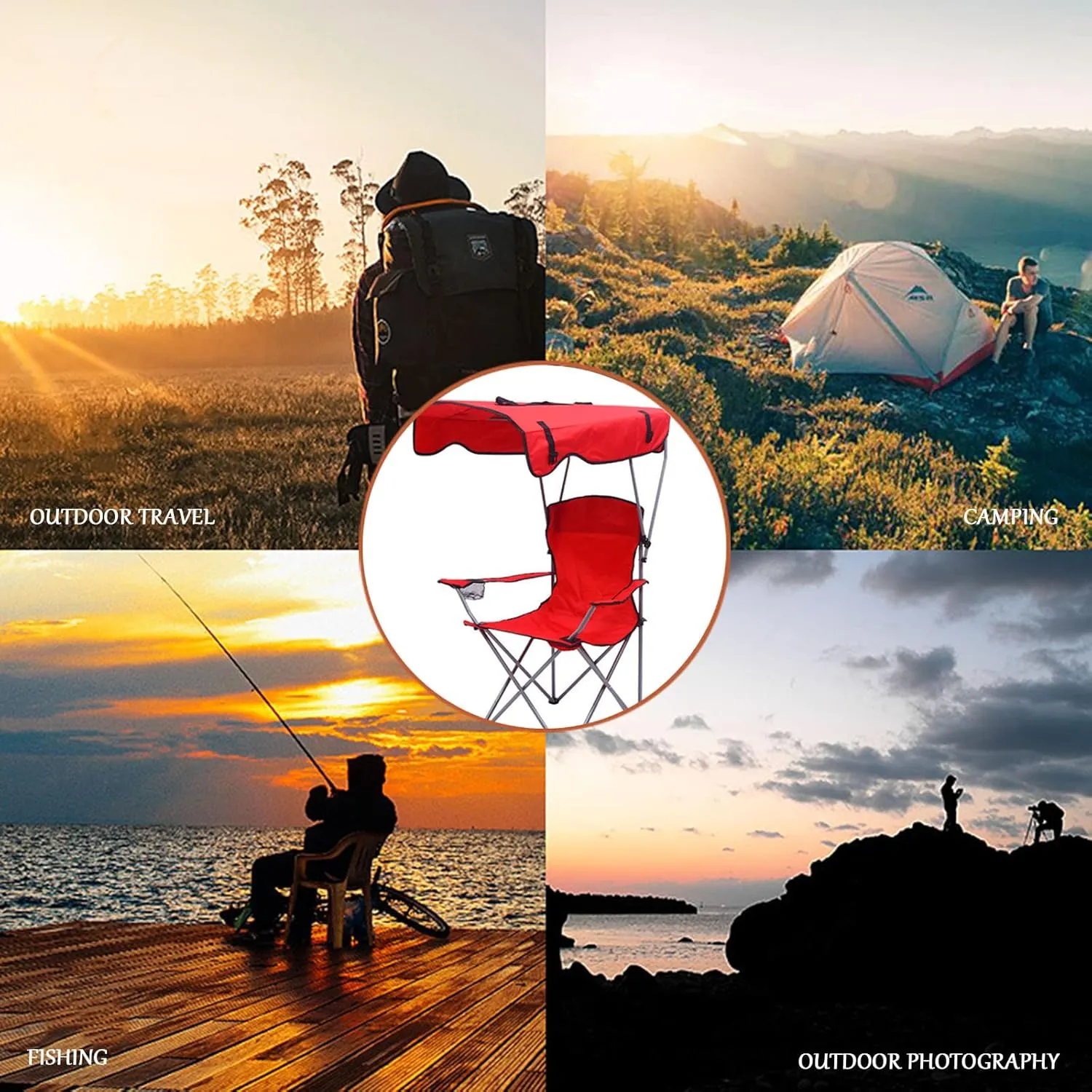 Camping Folding Chair for Outdoor, Foldable Camp Chair with Shade Canopy, Collapsible Lightweight Sports Lawn Chair 220lbs, for Lawn Beach and Pation, Recliner,Red,50 * 120CM