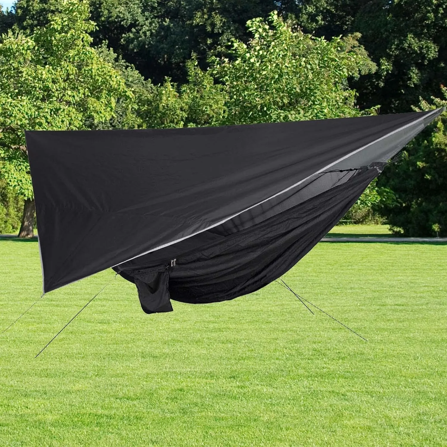 Camping Hammock Portable with Net Tent Tarp, Lightweight Rain Tarp Awning Nylon Hammock for Garden Outdoor Activities Patio, Black and Black