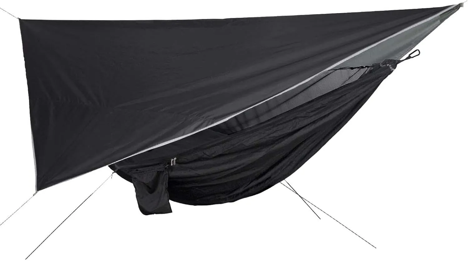 Camping Hammock Portable with Net Tent Tarp, Lightweight Rain Tarp Awning Nylon Hammock for Garden Outdoor Activities Patio, Black and Black