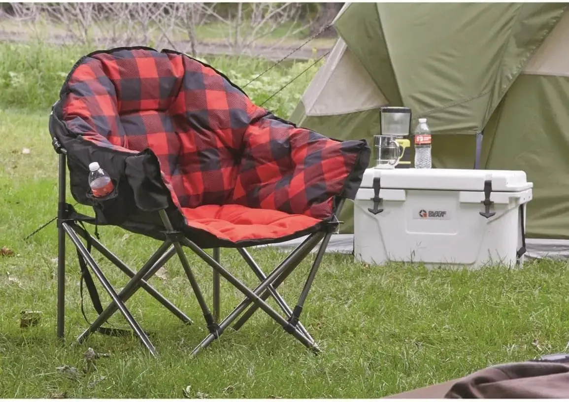 Camping Limited supply Oversized, Efficient customer service Chair, Folding 500-Lb. Portable, Seats, Padded Club Red with Plaid Capacity