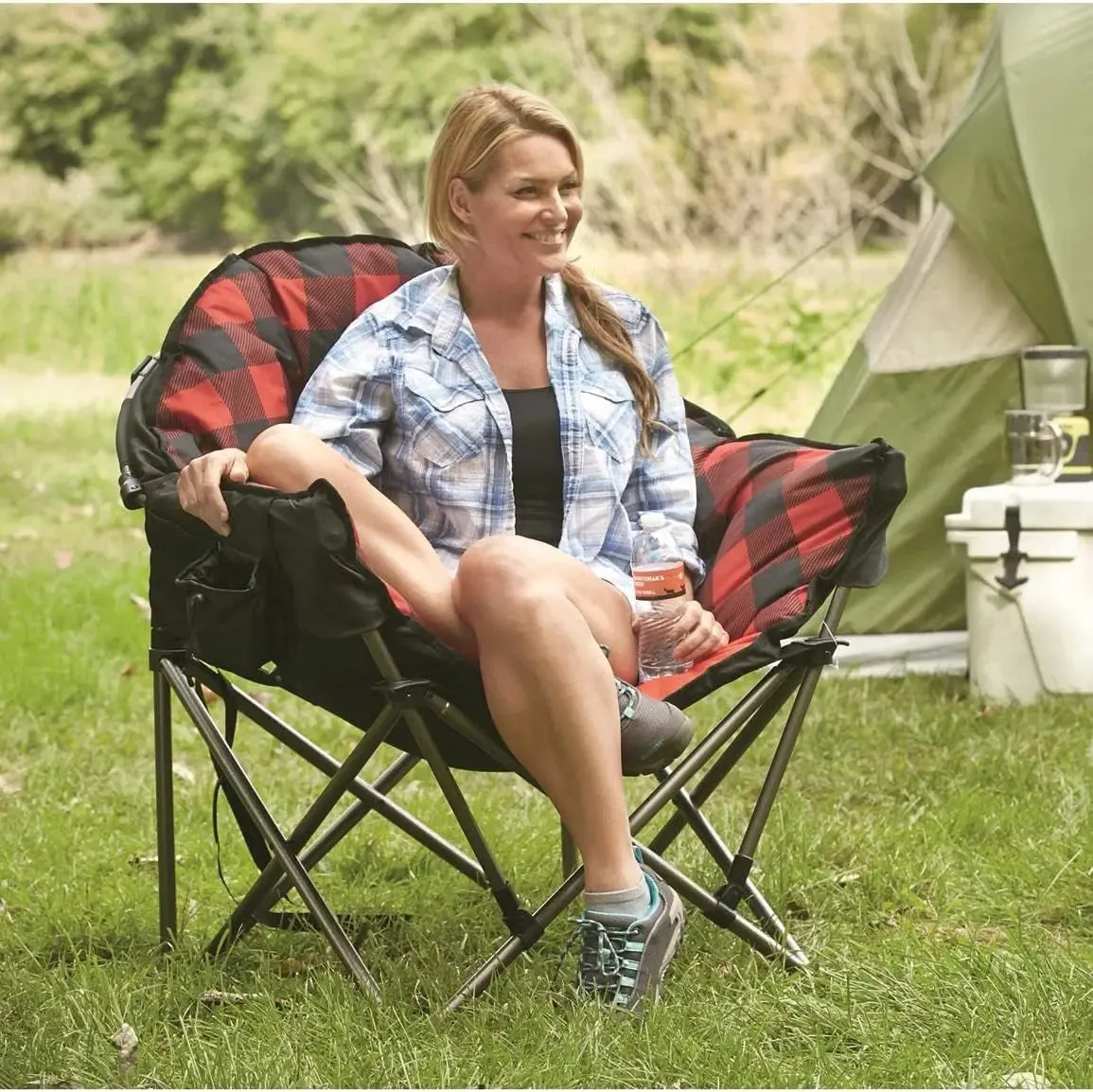 Camping Limited supply Oversized, Efficient customer service Chair, Folding 500-Lb. Portable, Seats, Padded Club Red with Plaid Capacity