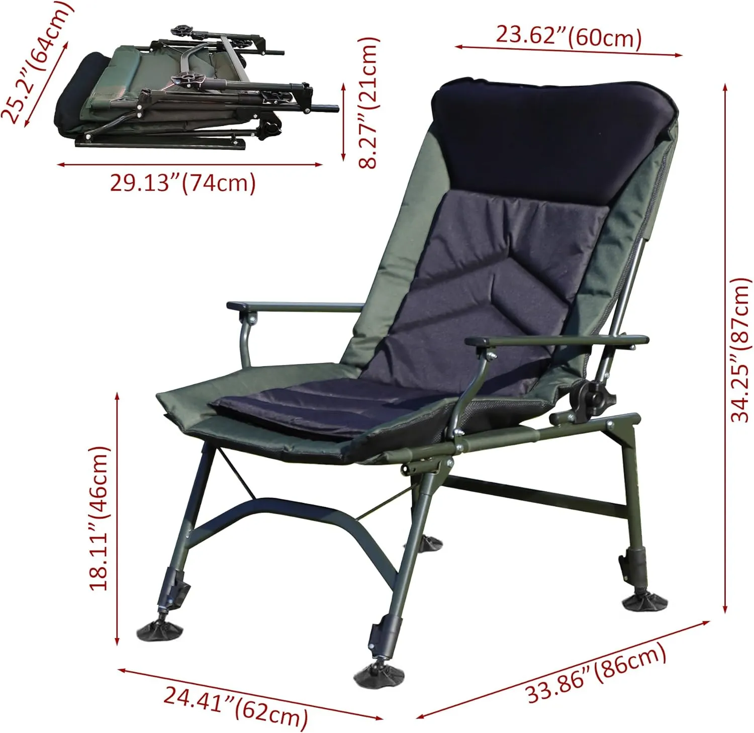 Camping Lounge Chair, Portable Folding Reclining Chair, Camping Chair with Adjustable backrest for Indoor and Outdoor Camping, Beach, Fishing (Black)