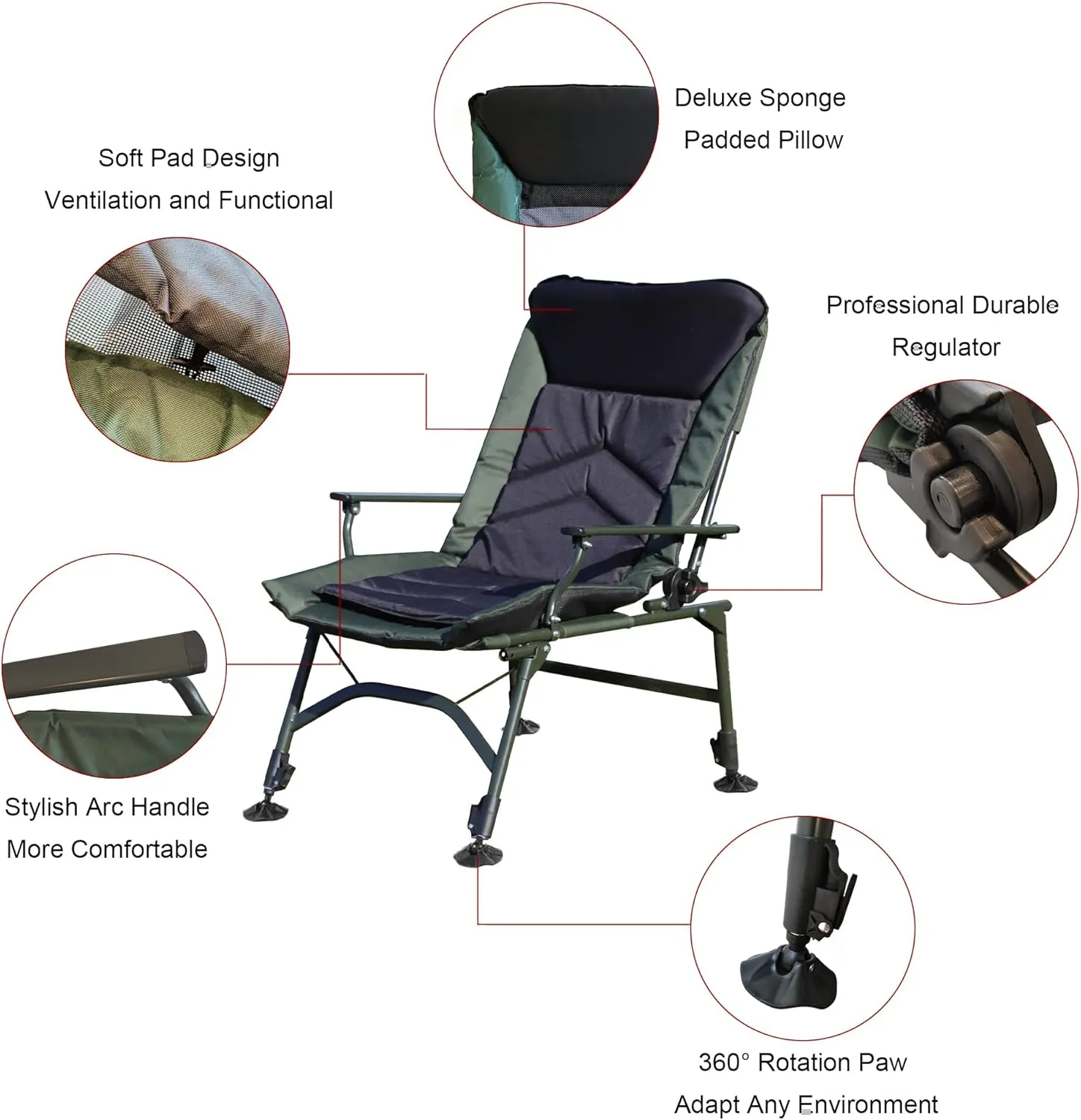 Camping Lounge Chair, Portable Folding Reclining Chair, Camping Chair with Adjustable backrest for Indoor and Outdoor Camping, Beach, Fishing (Black)