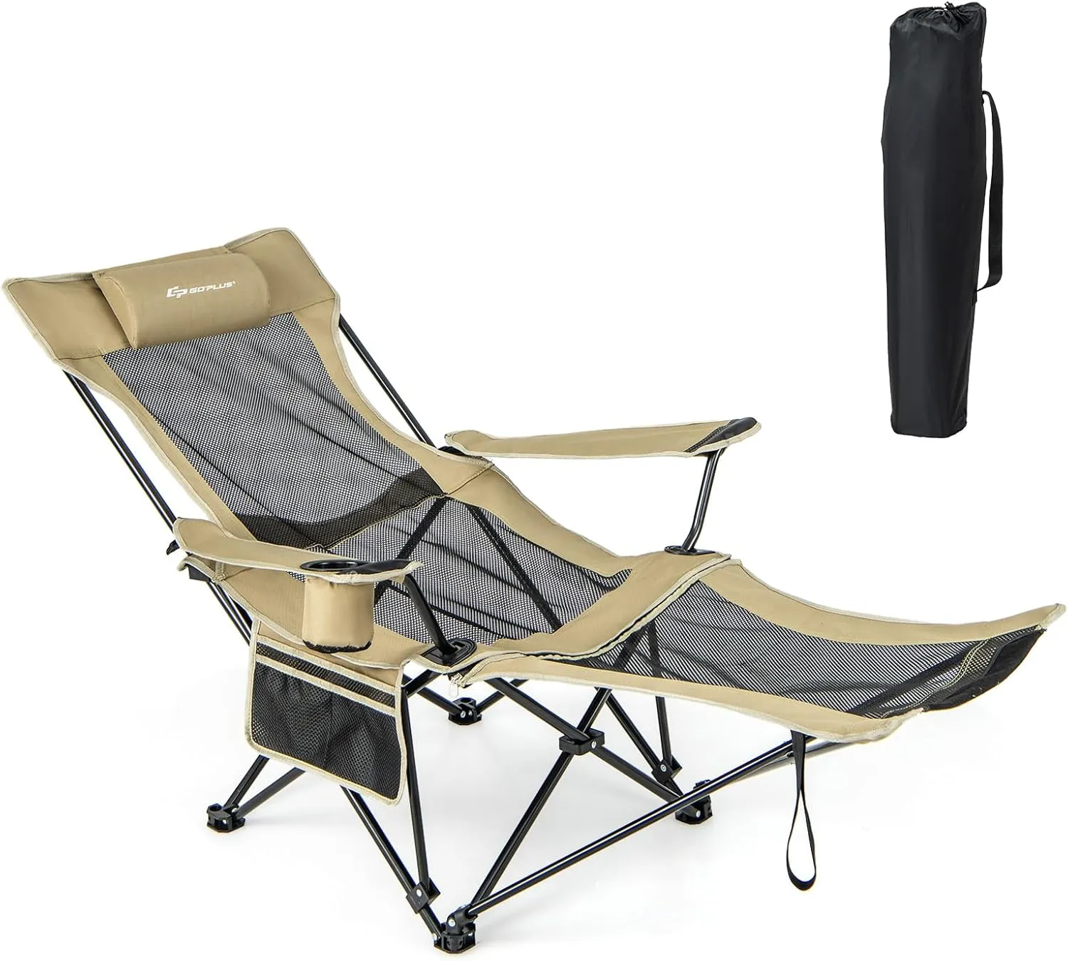 Camping Lounge Chair with Detachable Footrest Adjustable Backrest, Reclining Camping Chair with Footrest, Outdoor Chair with Adjustable Backrest &Cup Holder (Khaki)