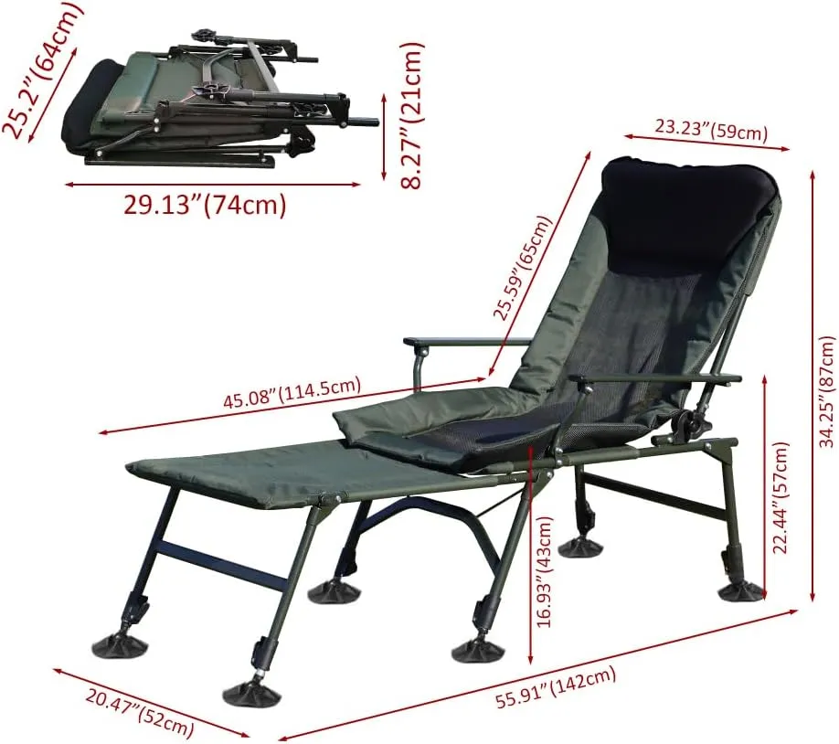 Camping Lounge Chair with Detachable Footrest, Portable Folding Reclining Camping Chair with Adjustable backrest for Indoor and Outdoor Camping Beach Hiking Fishing, Green Black