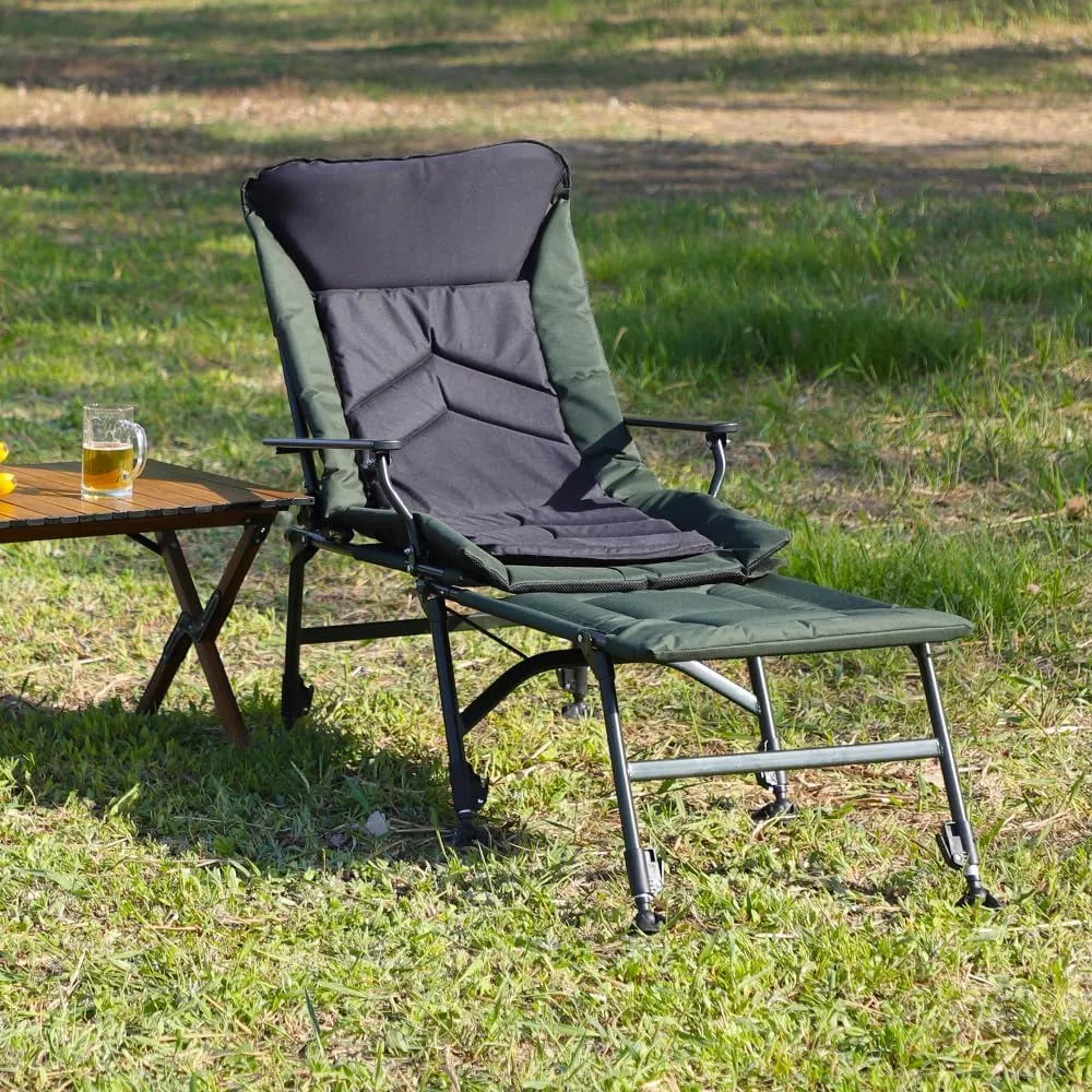 Camping Lounge Chair with Detachable Footrest, Portable Folding Reclining Camping Chair with Adjustable backrest for Indoor and Outdoor Camping Beach Hiking Fishing, Green Black
