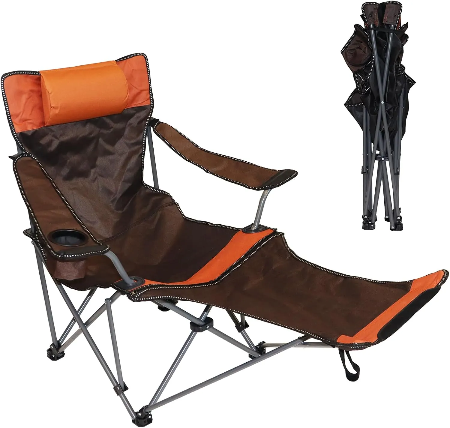 Camping Lounge Chair with Headrest Footrest and Storage Bag, Portable Folding Reclining Camping Chair with Foot Rest for Adults Outdoor Camping Beach Hiking Fishing (Orange Brown)