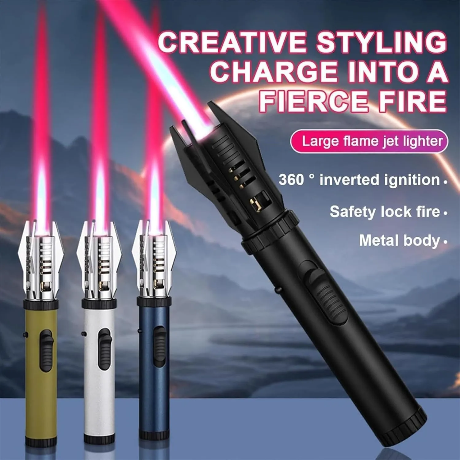 Camping Outdoor Windproof Straight Flame Lighter, Lightsaber Lighter, Metal Gas Lighter Windproof, Inflatable and Adjustable Lighter Suitable for Kitchen Outdoor Camping(Color:Black)