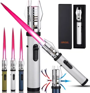 Camping Outdoor Windproof Straight Flame Lighter, Metal Gas Lighter, Torch Flame Lighter High-Temperature Spitfire Adjustable Flame Impact Lighter Inflatable for BBQ Kitchen Household(Color:Silver)