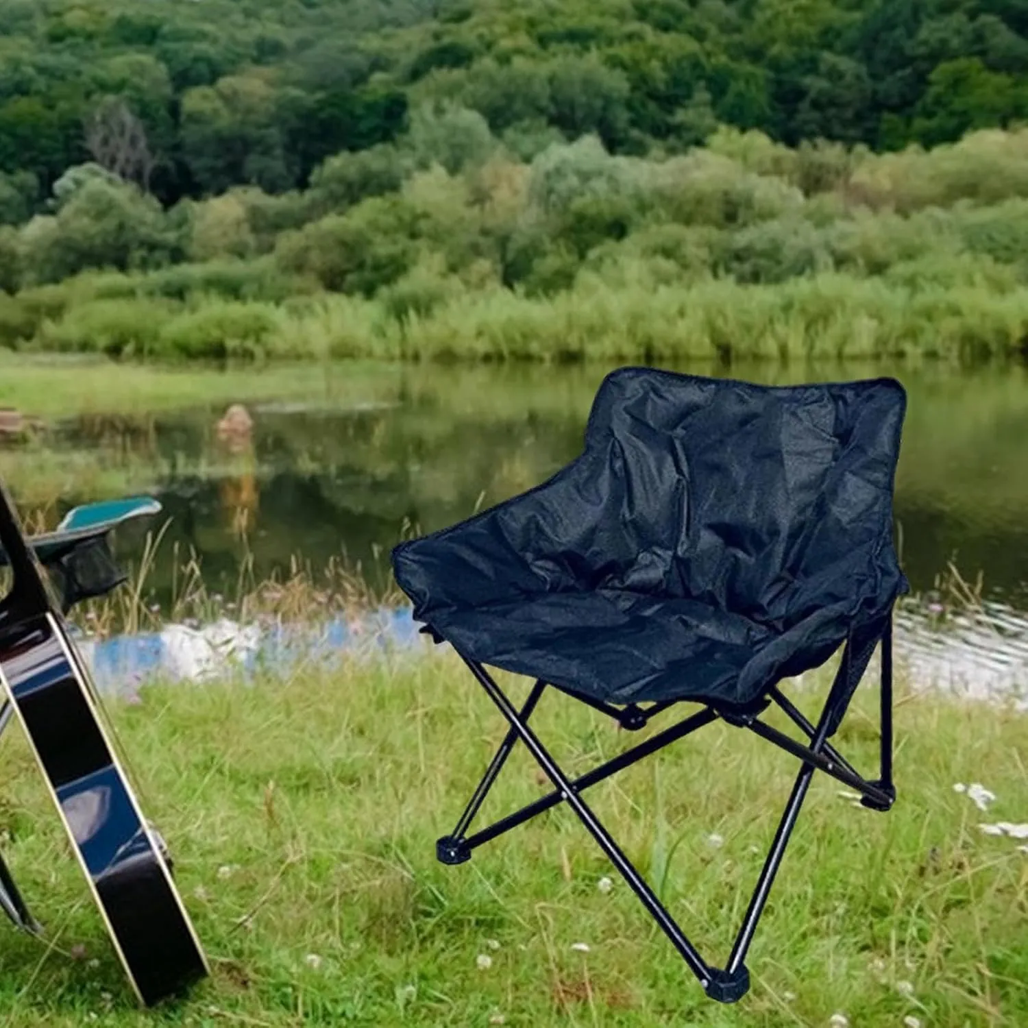 Camping Padded Chair Fishing Lounge Chair Lazy Sofa Back Support Stable Folding Seat Padded Cushion for Patio Camping Picnic, Black