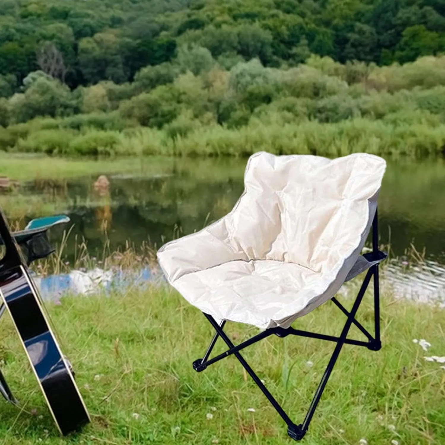 Camping Padded Chair Fishing Lounge Chair Lazy Sofa Back Support Stable Folding Seat Padded Cushion for Patio Camping Picnic, White