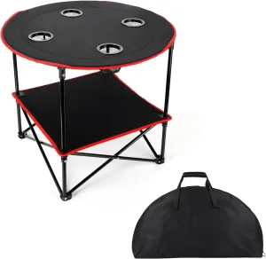 Camping Table Beach Table 4 Cup Holders with Steel Frame Lightweight 600D Oxford Folding Picnic Table with Carrying Bag Fishing Table for Outdoor Indoor Beach Grill Travel BBQ Barbucue Red