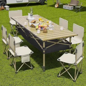 Camping Table Chair Set, Portable Folding Picnic Table with 6 Chairs, Lightweight Camping Table and Chair Set for Outdoor BBQ, Fishing, Hiking, Garden Parties,Black