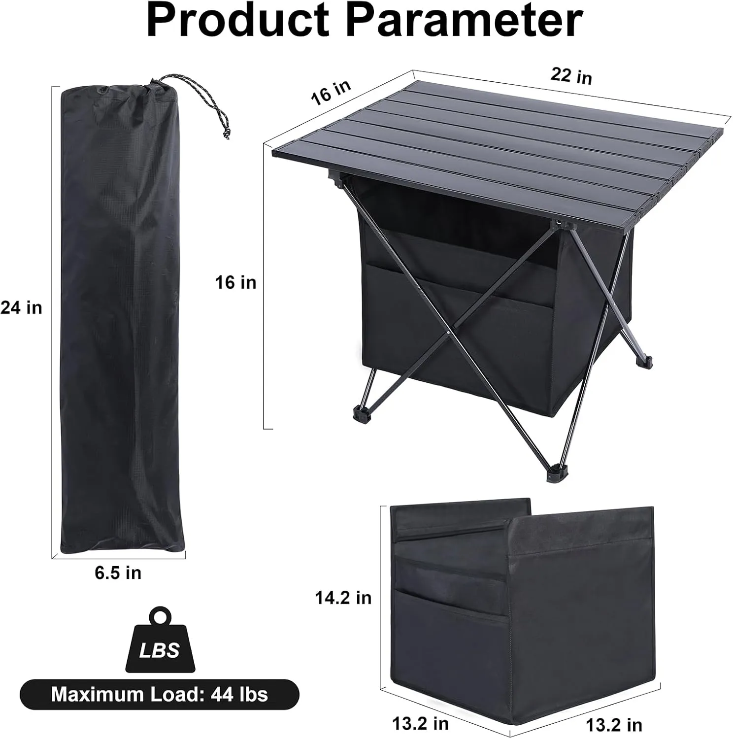 Camping Table Folding Beach Table, Small Folding Table Portable with High-Capacity Storage and Carry Bag for Outdoor Camping, Traveling, Hiking, Fishing, Beach, BBQ, Picnics, Cooking, Black