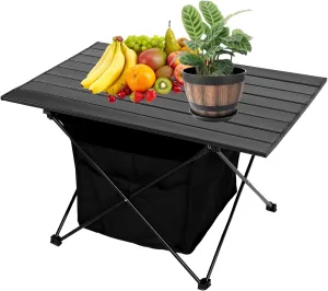 Camping Table Folding Beach Table, Small Folding Table Portable with High-Capacity Storage and Carry Bag for Outdoor Camping, Traveling, Hiking, Fishing, Beach, BBQ, Picnics, Cooking, Black