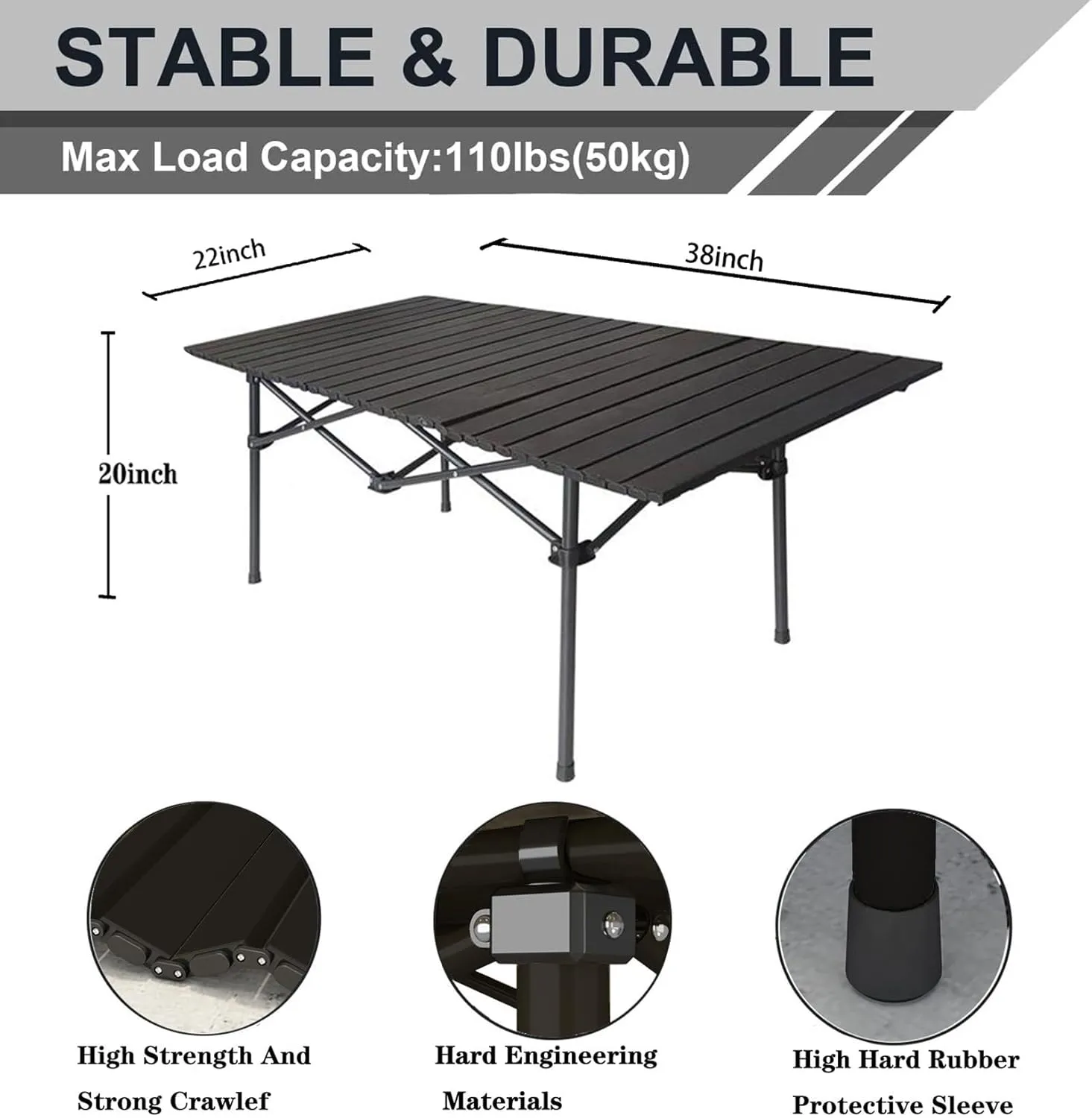 Camping Table Lightweight Foldable Medium 1-4 Person Portable Camp Table, Outdoor,Picnic, Backyard, BBQ, Party, Patio, Beach with Aluminum Roll Up Tabletop Carry Bag (Black)