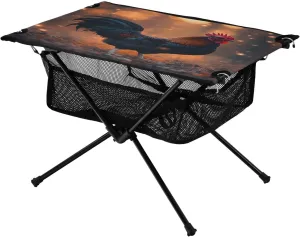 Camping Table Lightweight Portable Folding Table with Mesh Storage Net Black Rooster Chicken Ideal for Camping Hiking Beach Picnic Travel Backyard